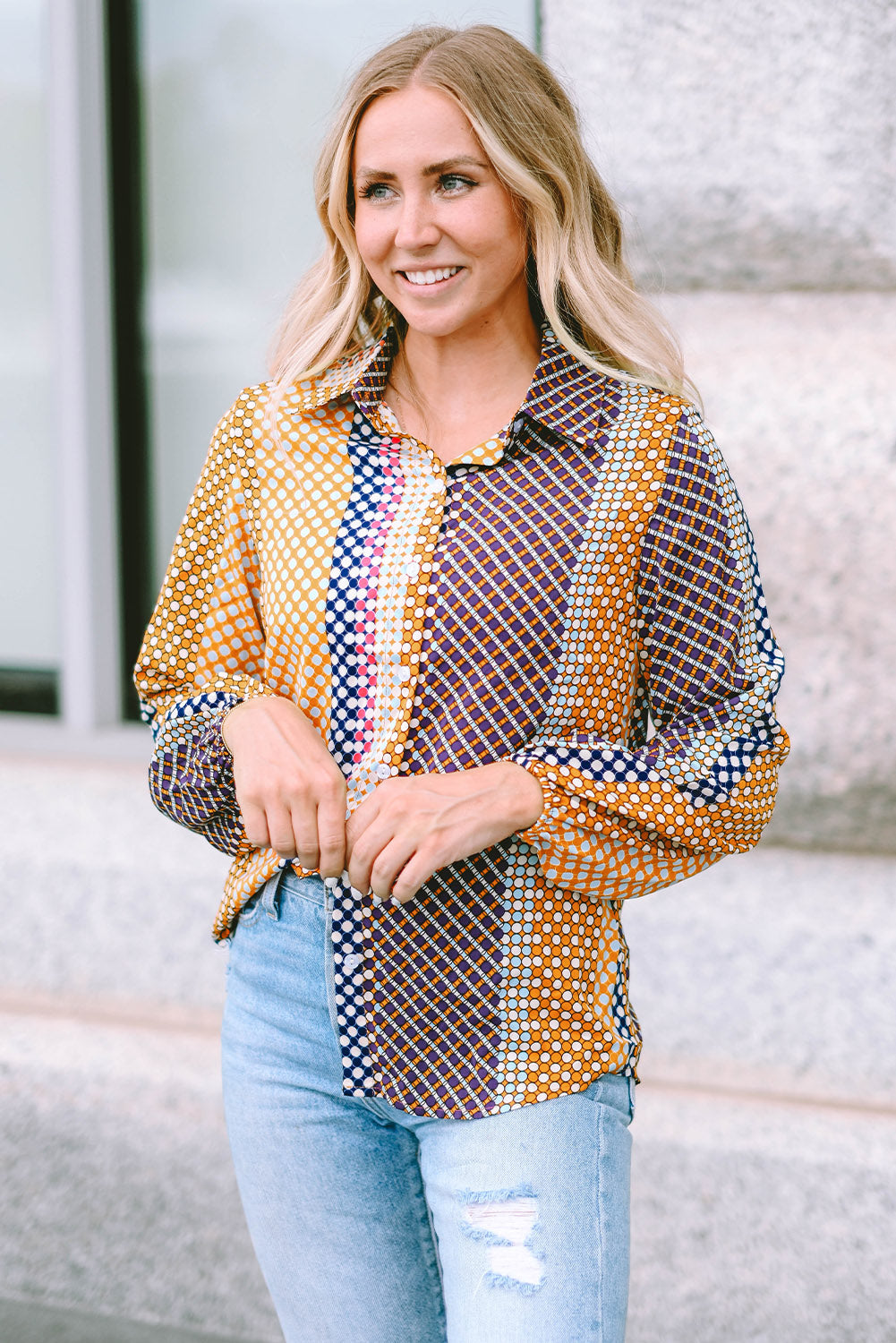 Brown Dot Print Long Sleeve Button Down Shift Shirt