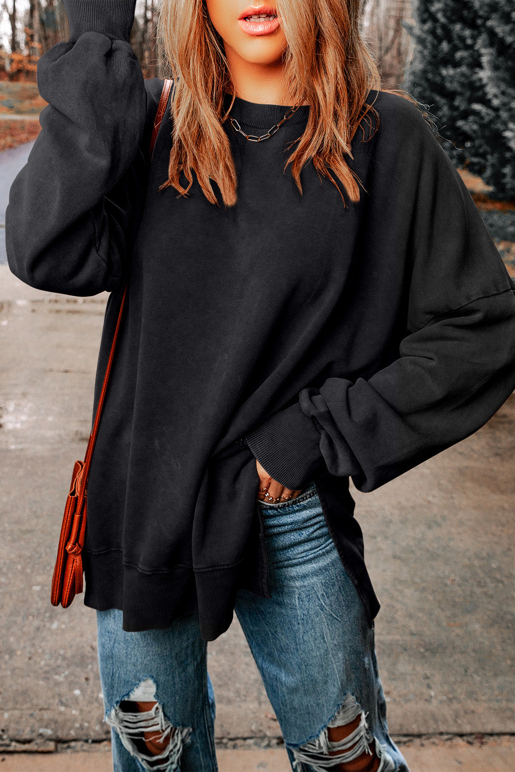 Black Drop Shoulder Ribbed Trim Oversized Sweatshirt