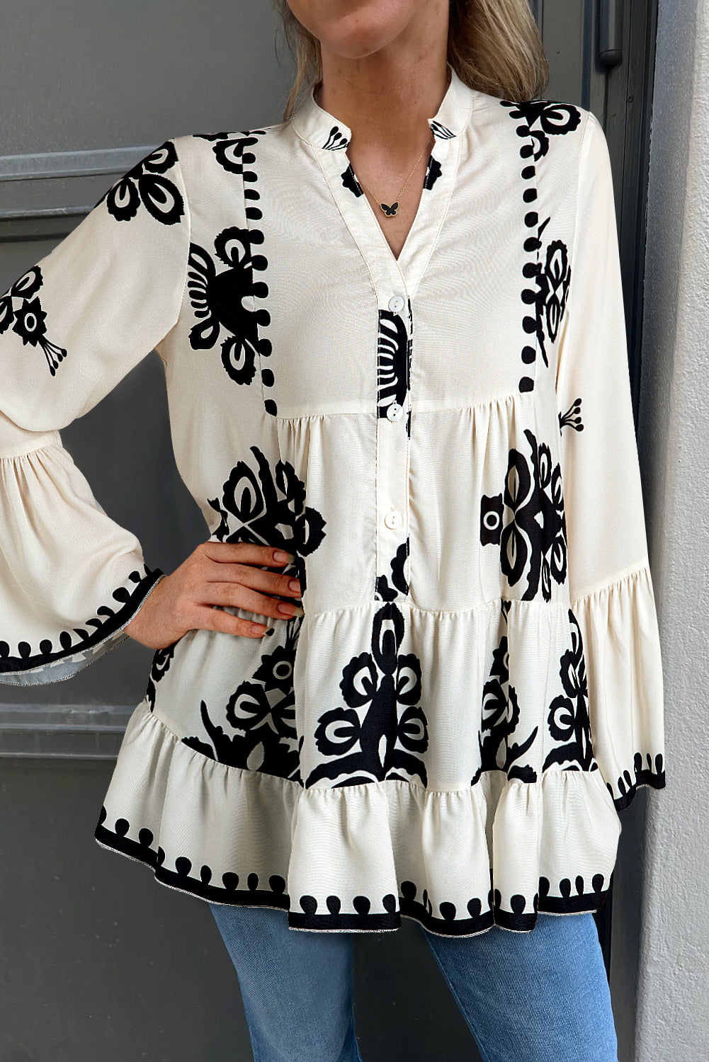 White Abstract Printed Bell Sleeve Buttoned Tiered Babydoll Blouse