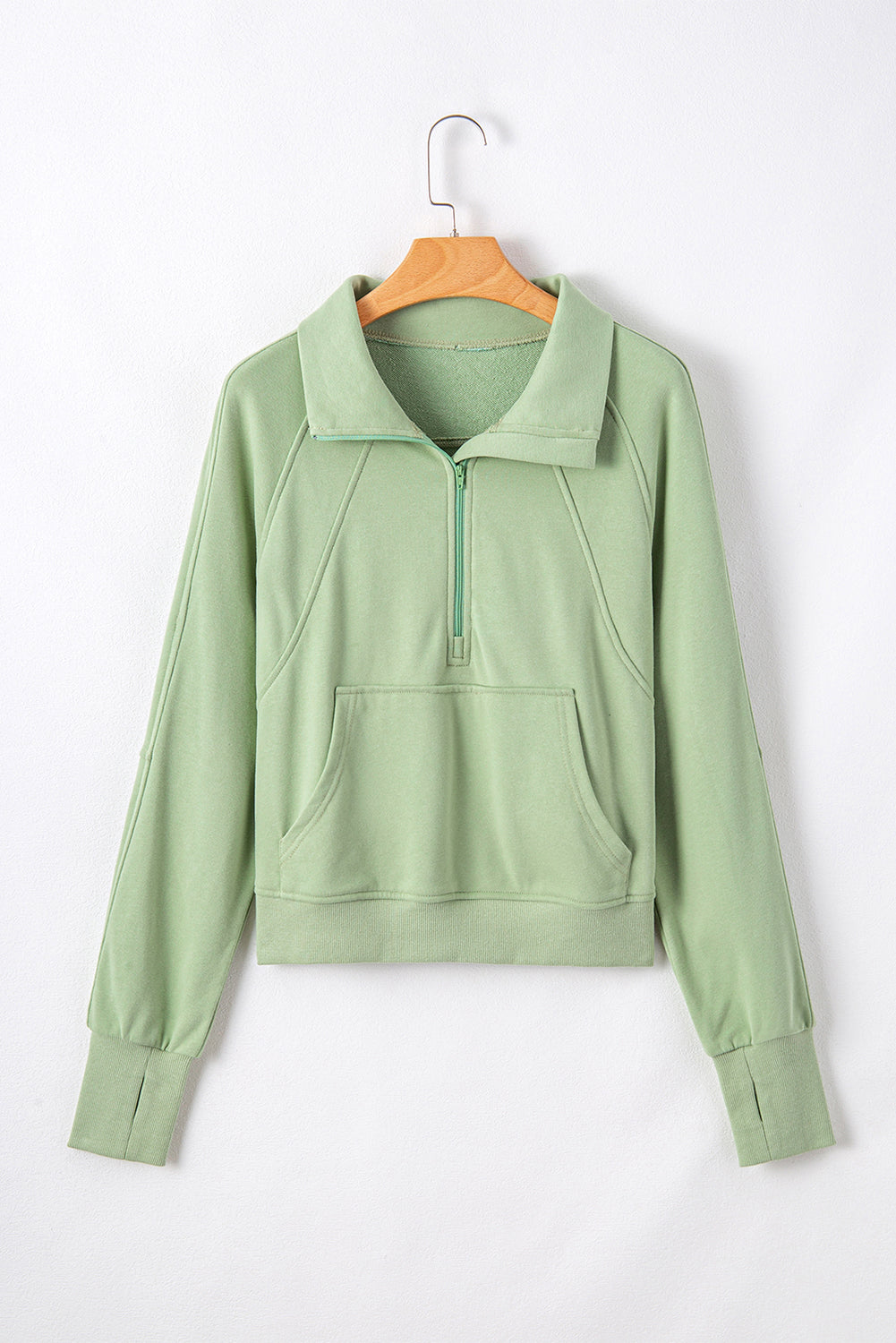 Smoke Green Quarter Zip Stand Neck Kangaroo Pocket Sweatshirt