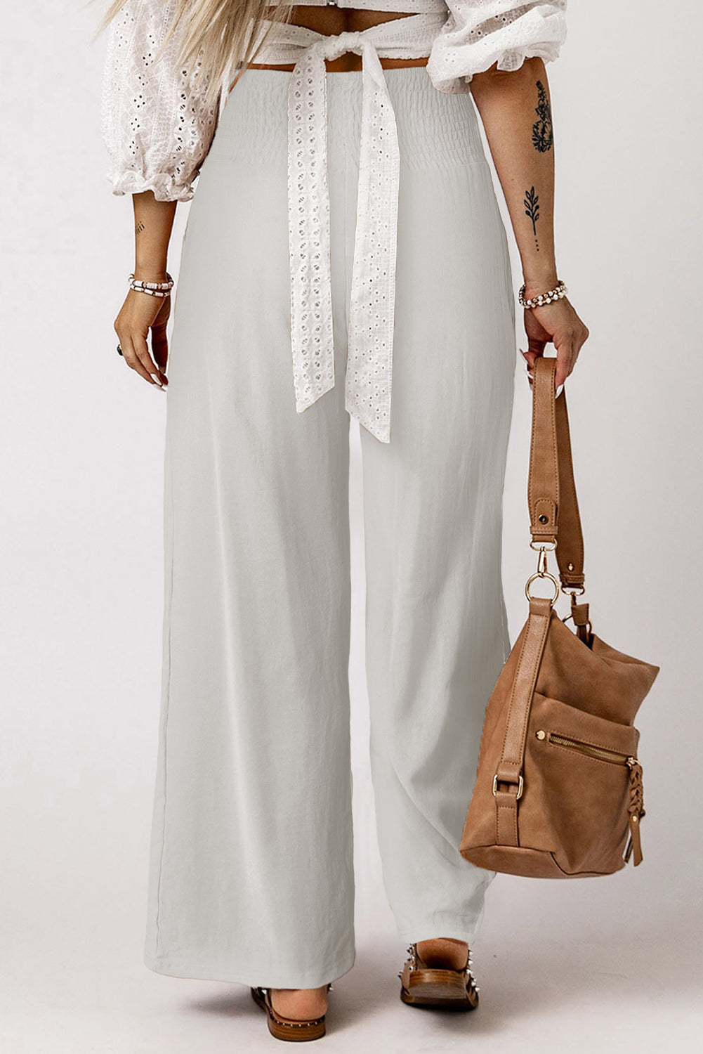 White Smocked Wide Waistband High Waist Wide Leg Pants