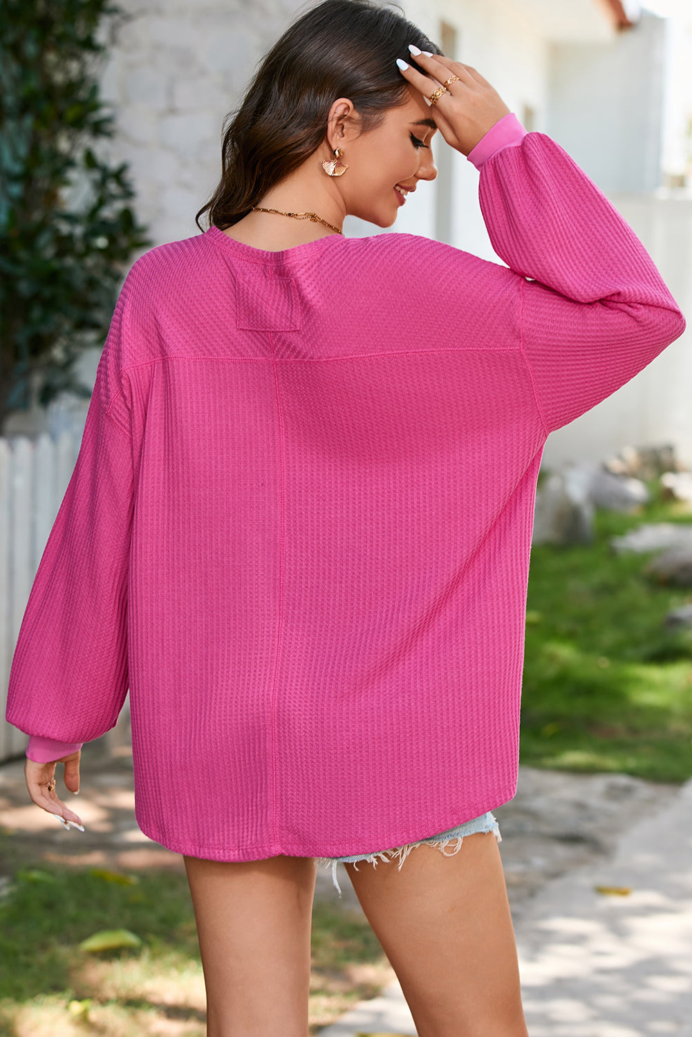 Bright Pink Waffle V Neck Long Sleeve Drop Shoulder Loose Blouse