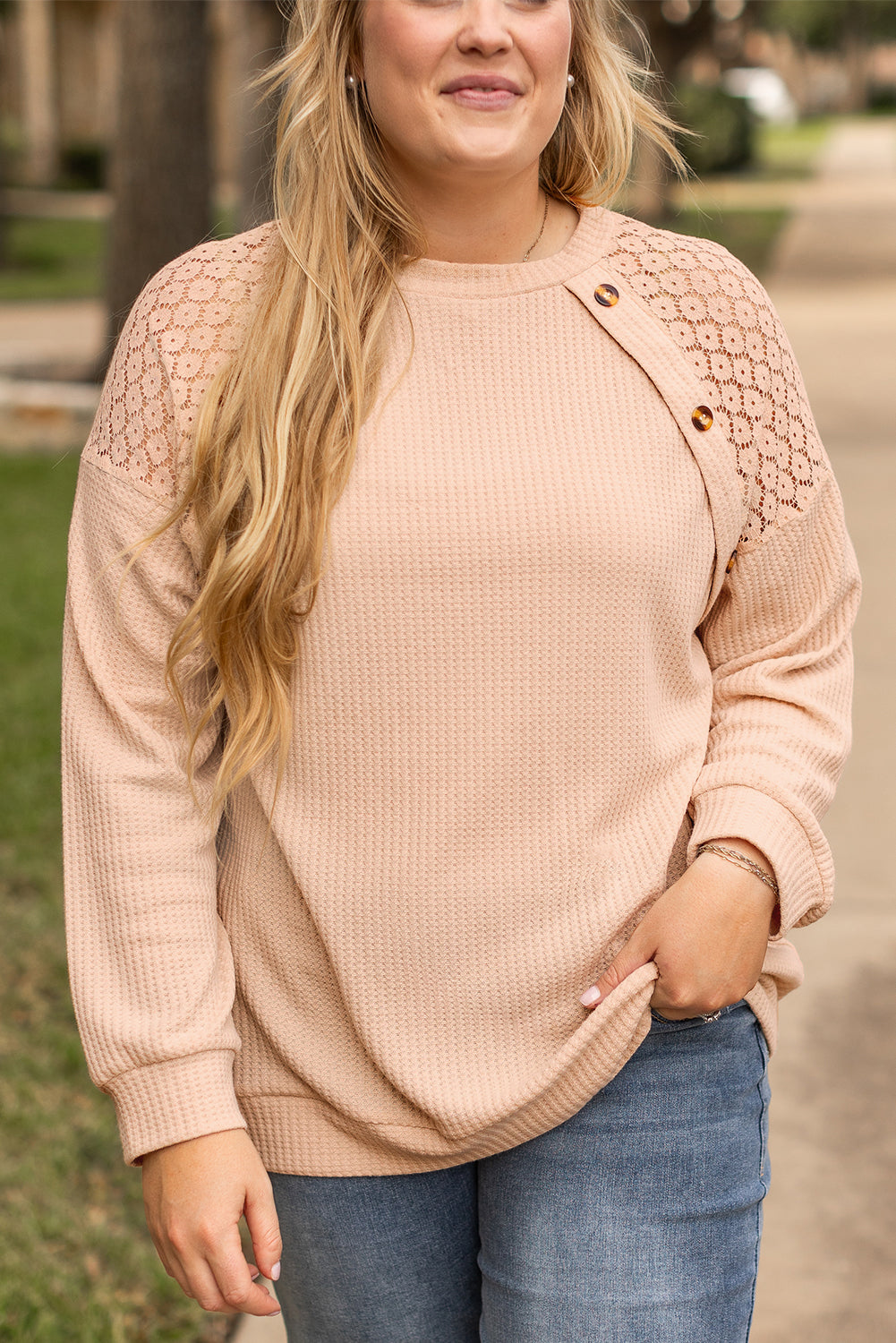 Beige Plus Size Lace Patchwork Buttons Waffle Knit Top