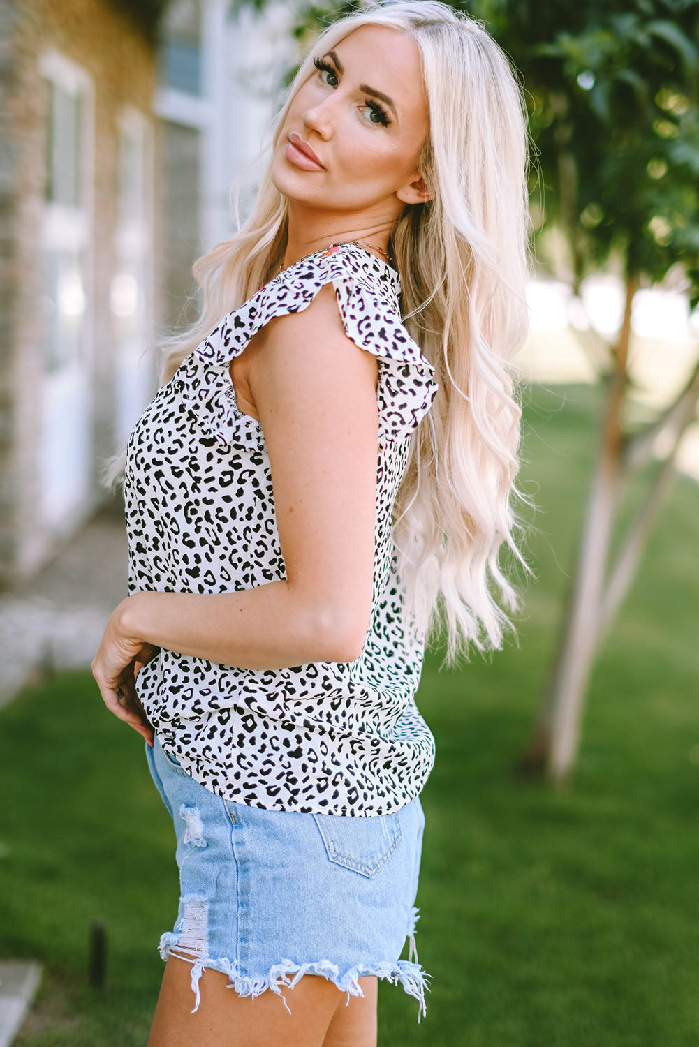 Leopard Ruffle Shoulder Embellished V-neck Sleeveless Top