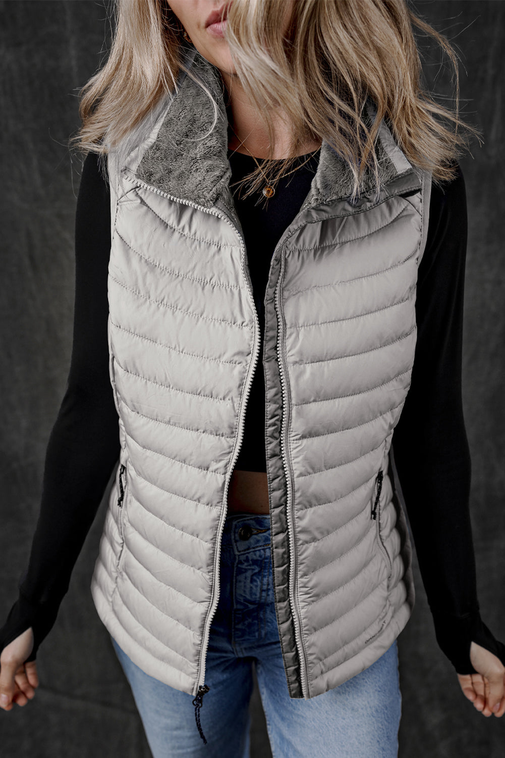 Silvery Plush Collared Quilted Zipped Puffer Vest