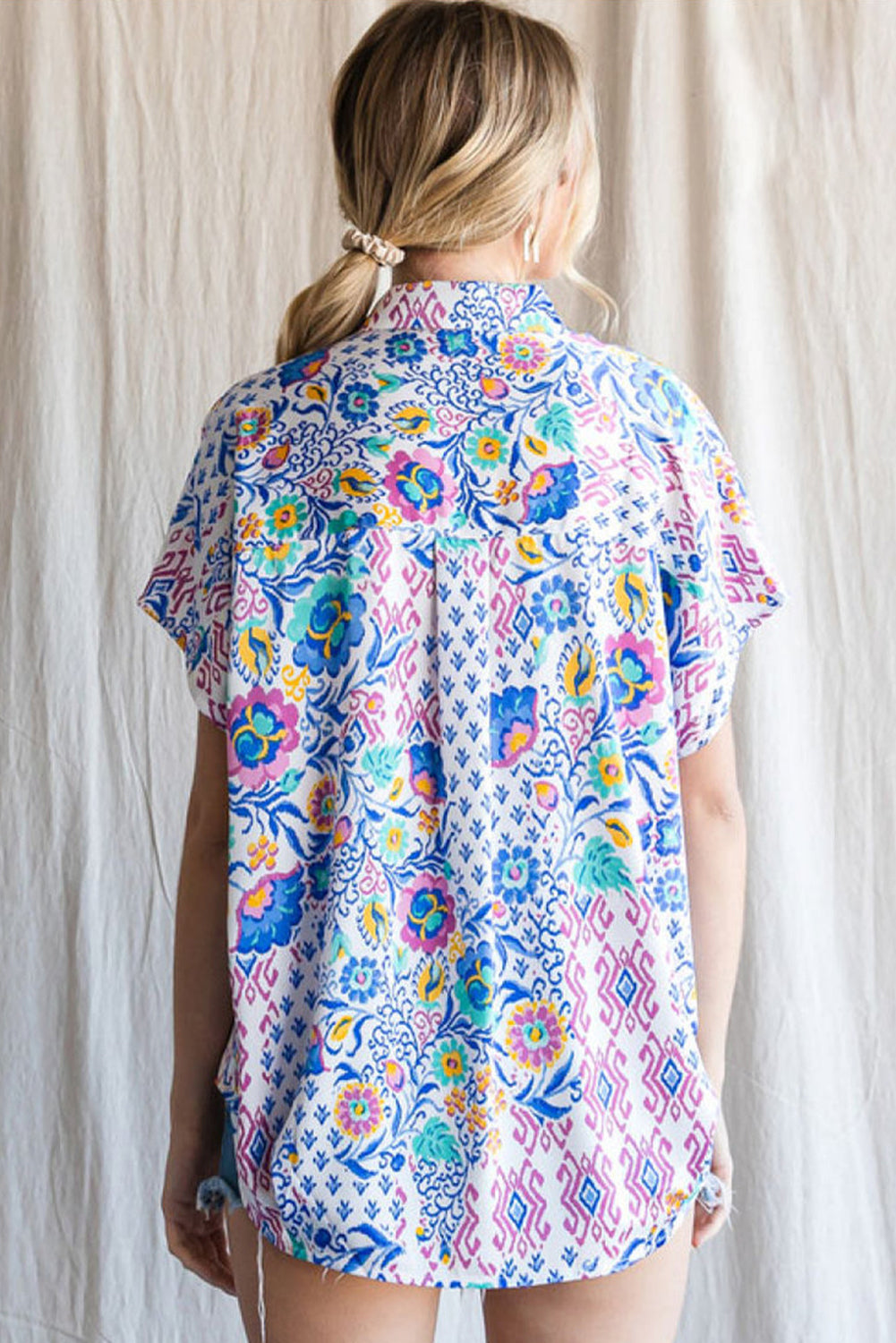 Light Blue Mixed Floral Printed Collared Split Neck Blouse