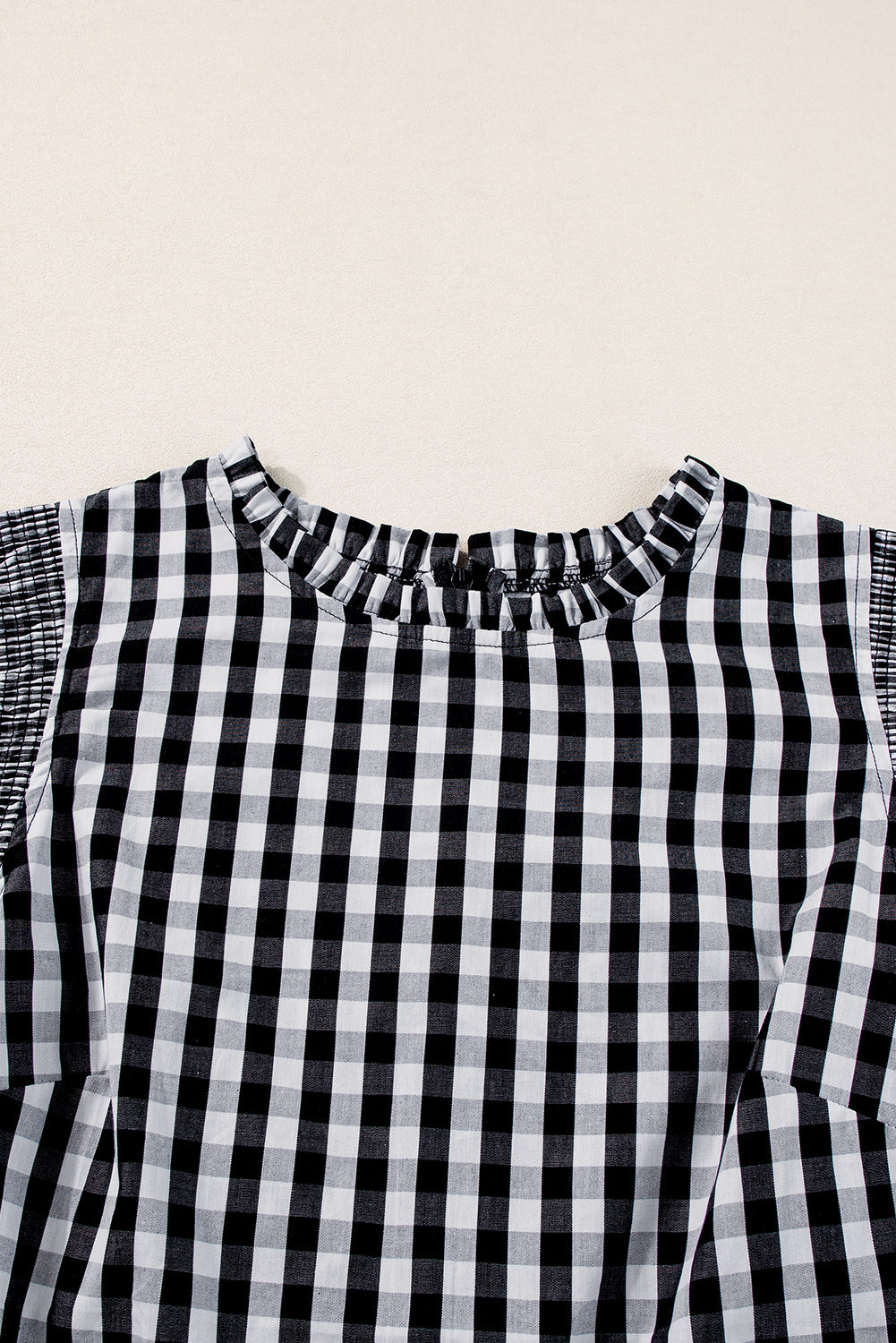 Black Checkered Ruffled Sleeve Frilled Neck Blouse