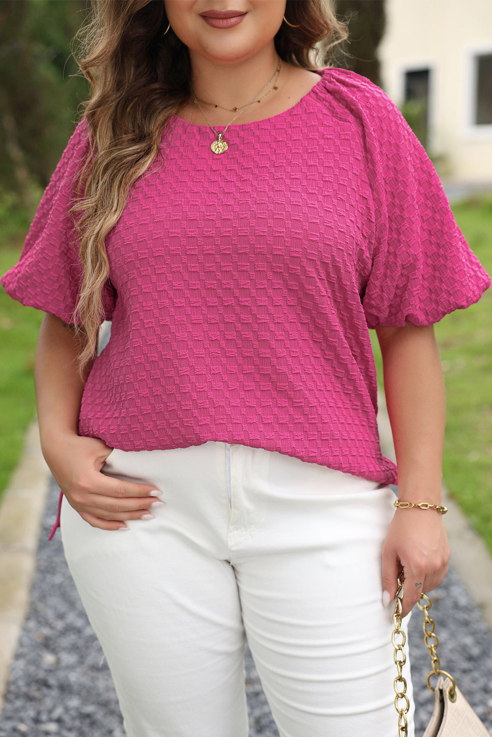 Coral Paradise Solid Textured Bubble Sleeve Plus Size Blouse