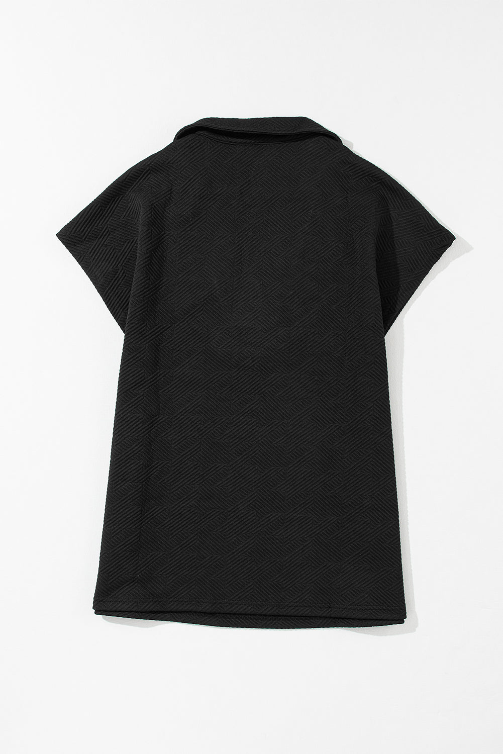 Black Textured V Neck Collared Short Sleeve Top