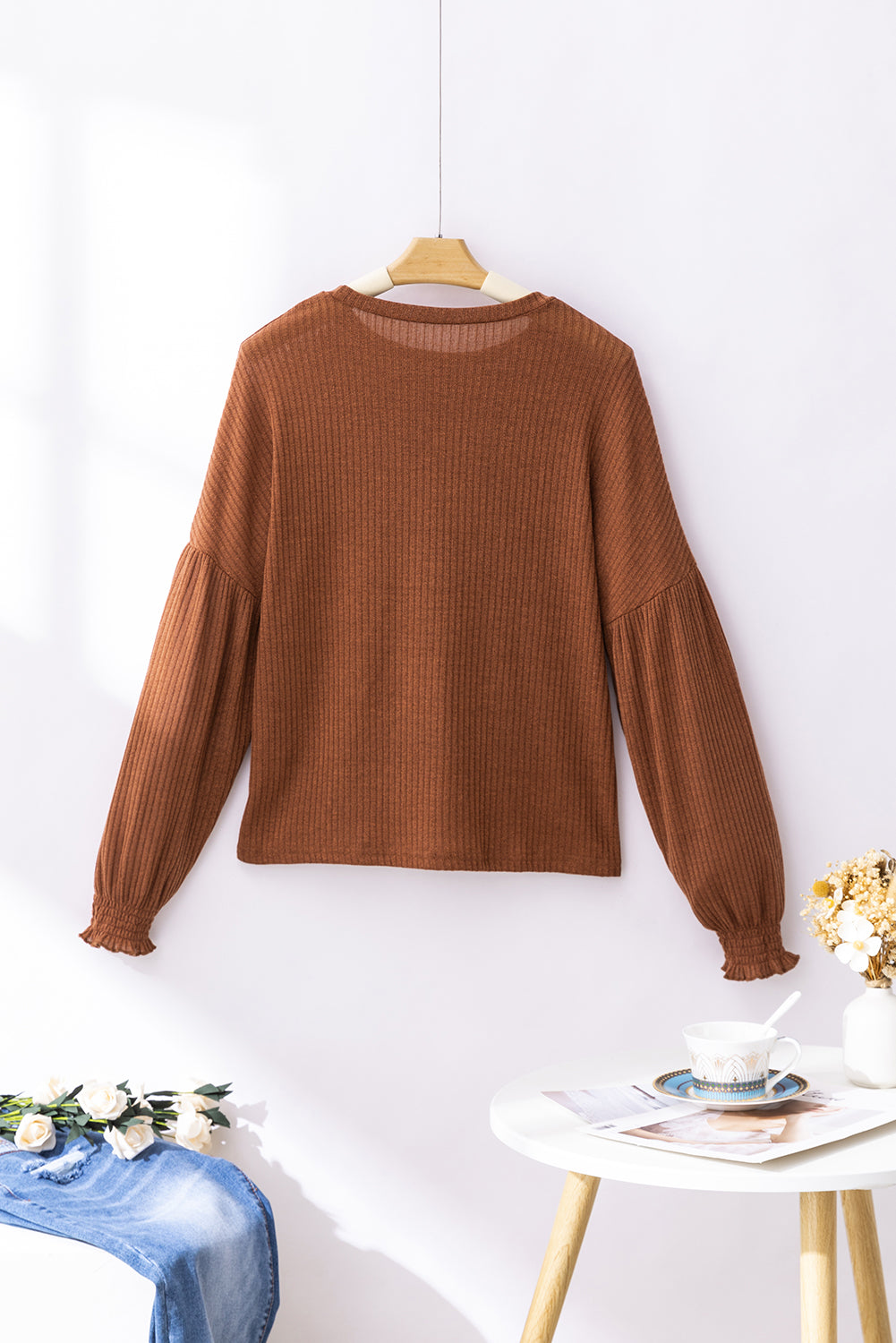 Chestnut Ribbed Knit Drop Shoulder Ruffled Sleeve Textured Top