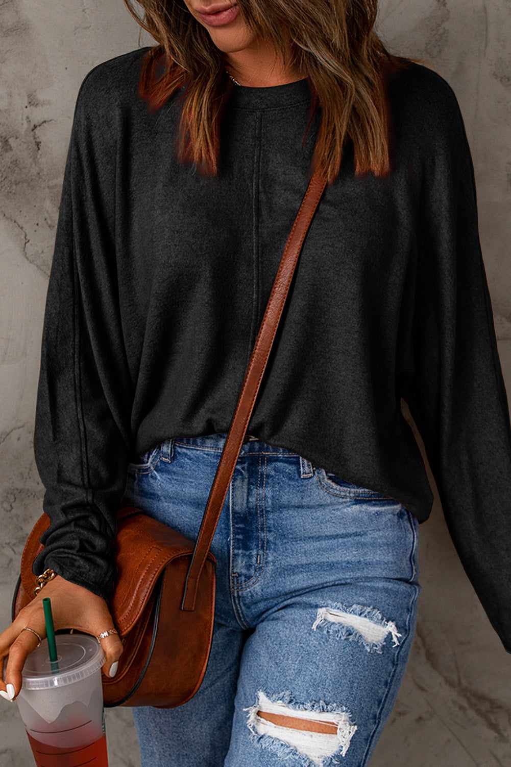 Black Solid Color Patchwork Long Sleeve Top