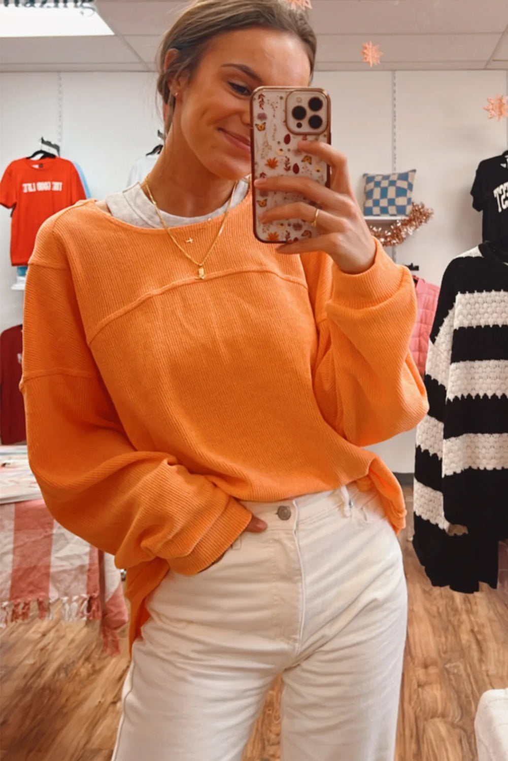 Grapefruit Orange Solid Color Textured High Low Long Sleeve Top