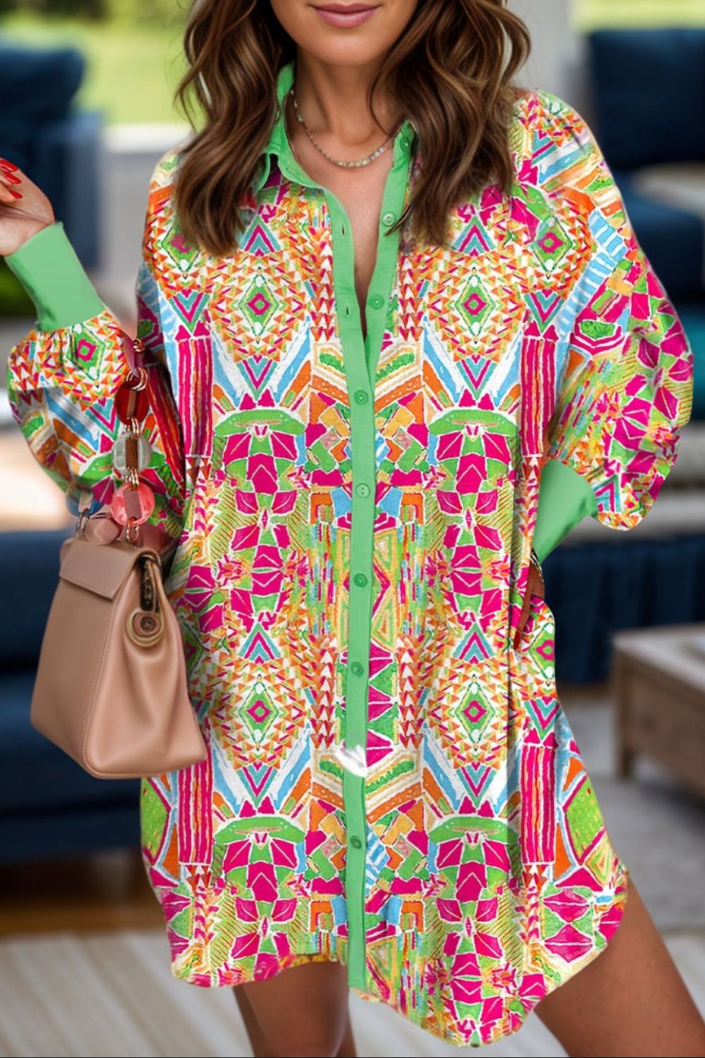 Printed Button Up Long Sleeve Shirt Dress