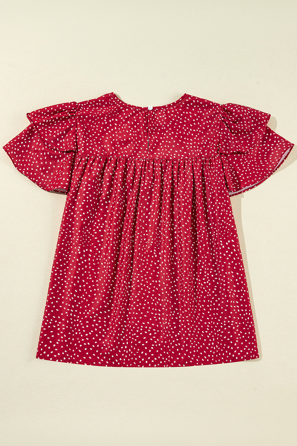 Fiery Red Dotted Ruffle Sleeve Crew Neck Ruched Blouse