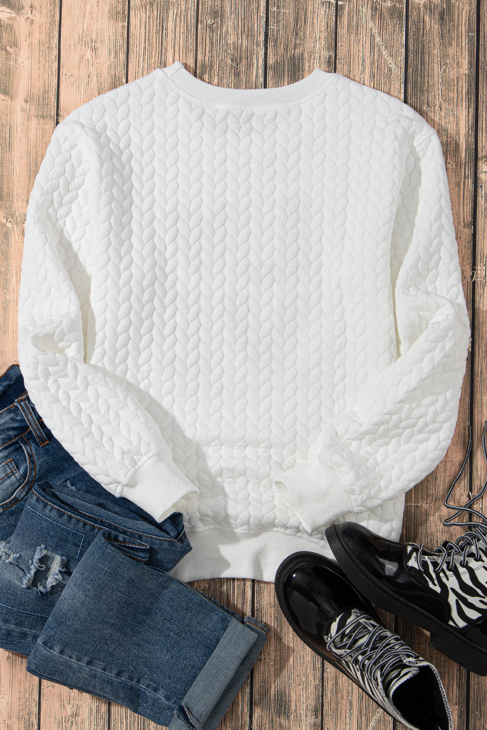 White LOVE Chenille Embroidered Cable Knit Pullover Sweatshirt