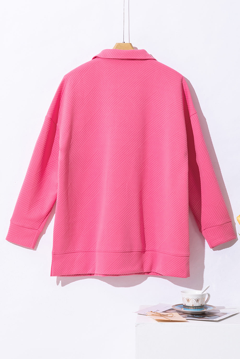 Bright Pink Textured Zipped Neckline Kangaroo Pocket Sweatshirt