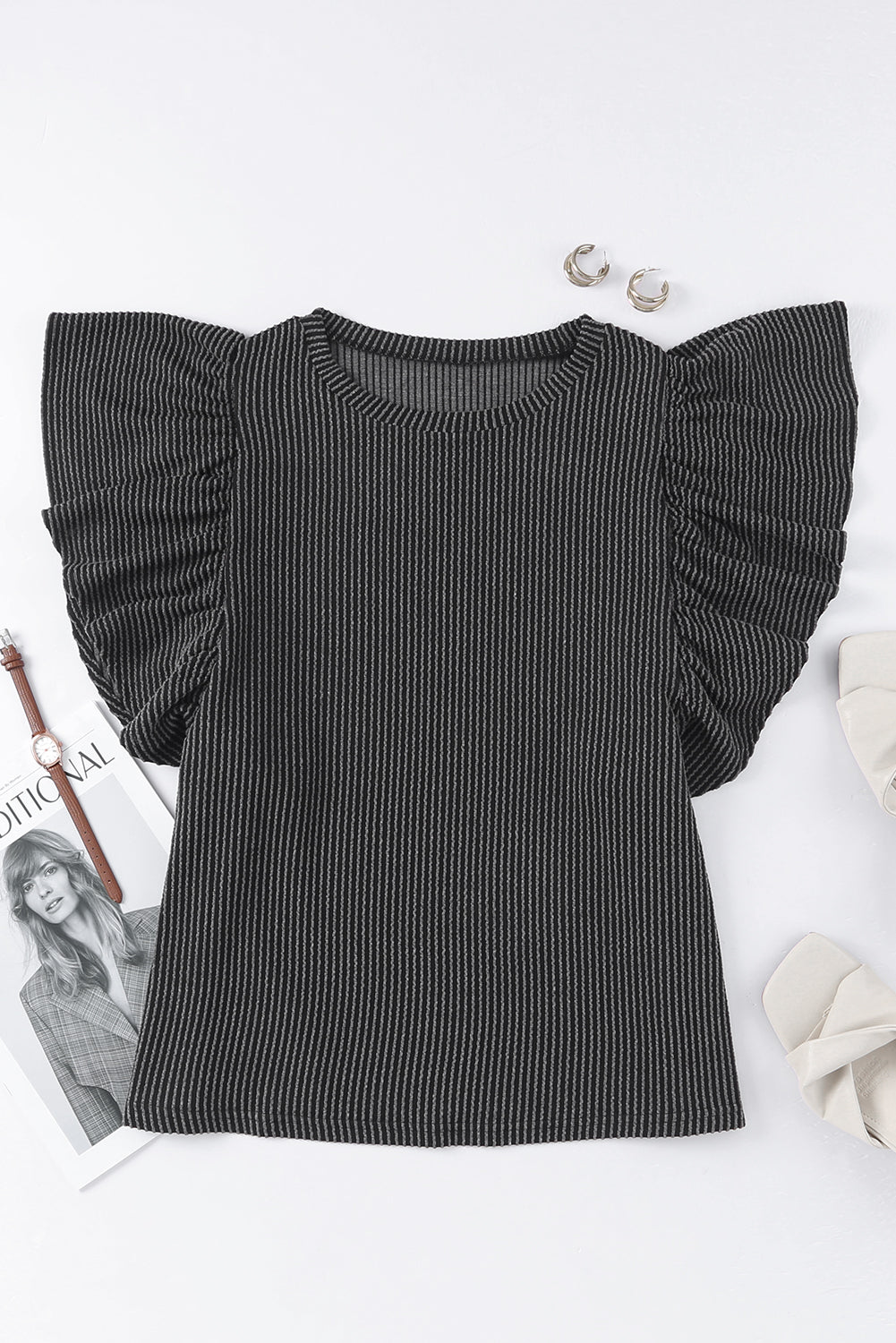 Black Ribbed Knit Ruffled Short Sleeve T Shirt