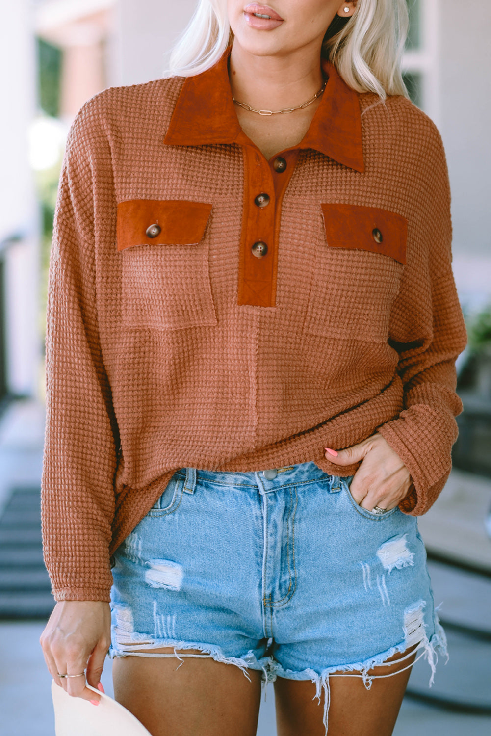 Brown Waffle Knit Button Contrast Trim Long Sleeve Top