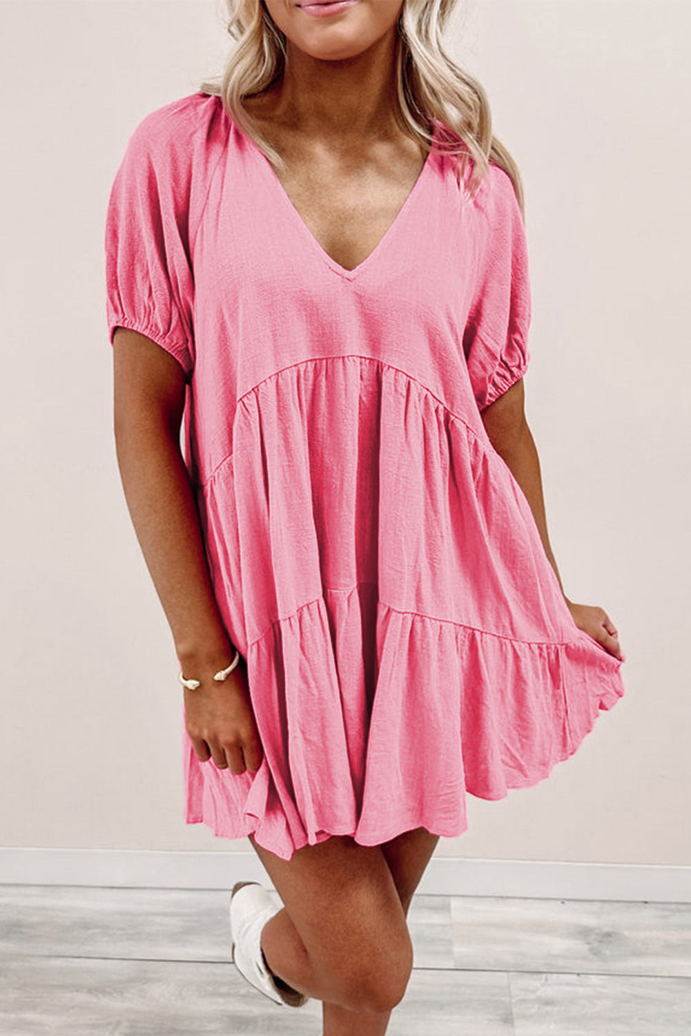 Strawberry Pink Puff Sleeve V Neck Tiered Swing Dress