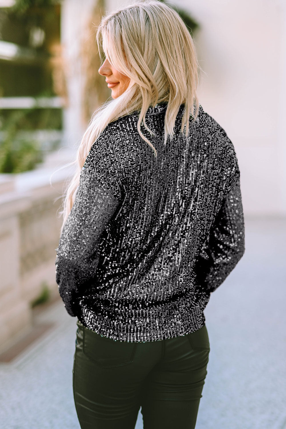 Gray Sequin Color Block Patch Pocket Shirt