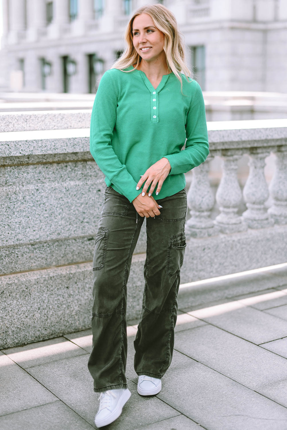 Green Trimmed Neckline Waffle Knit Henley Top