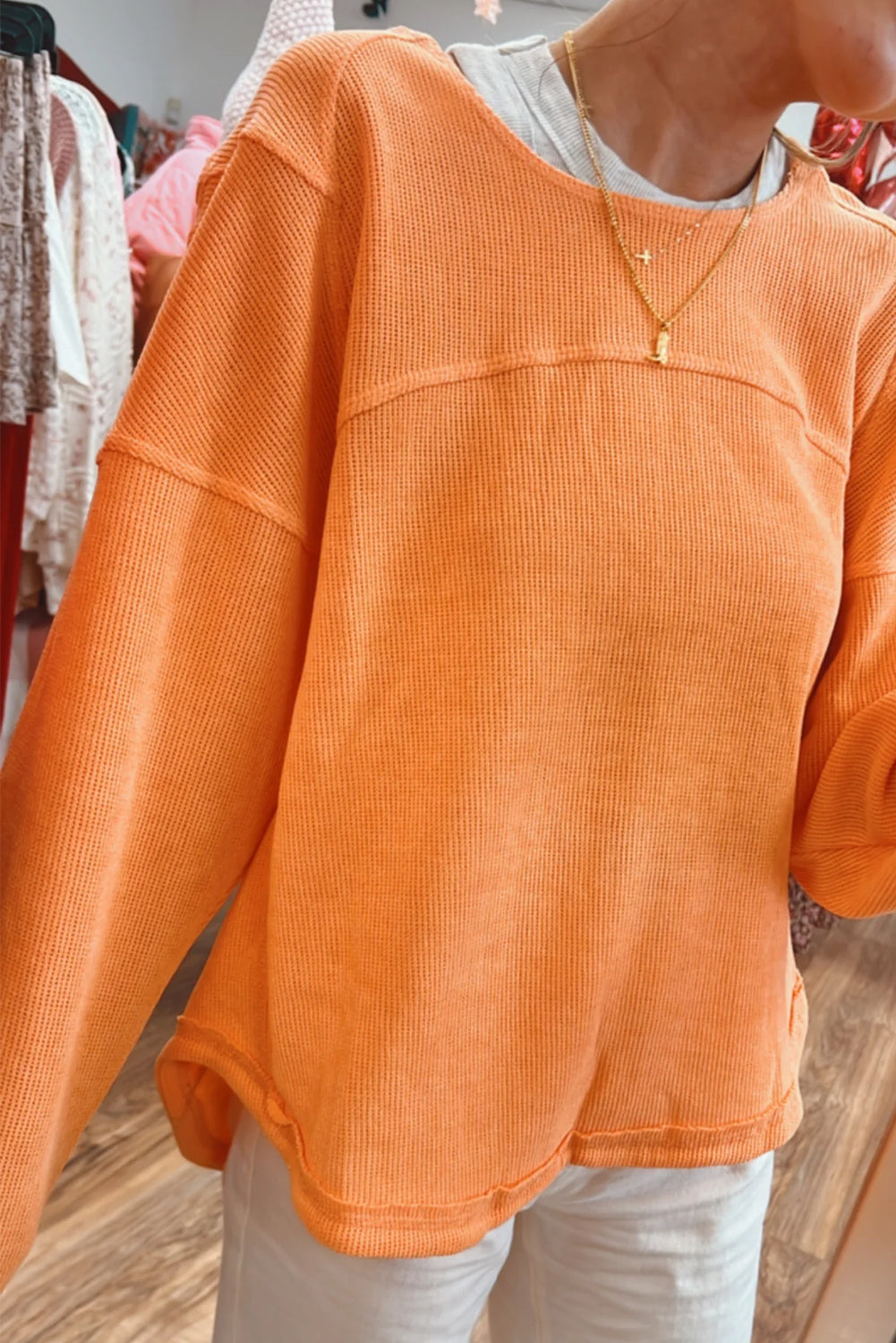 Grapefruit Orange Solid Color Textured High Low Long Sleeve Top