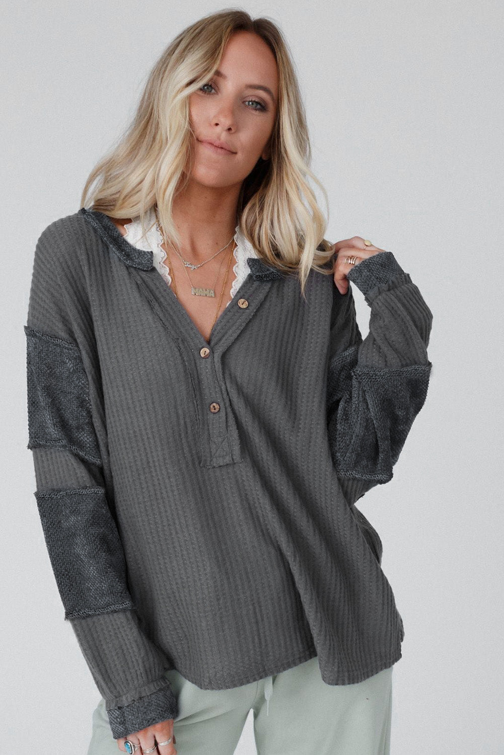 Gray Contrast Patched Exposed Seam Waffle Knit Henley Top