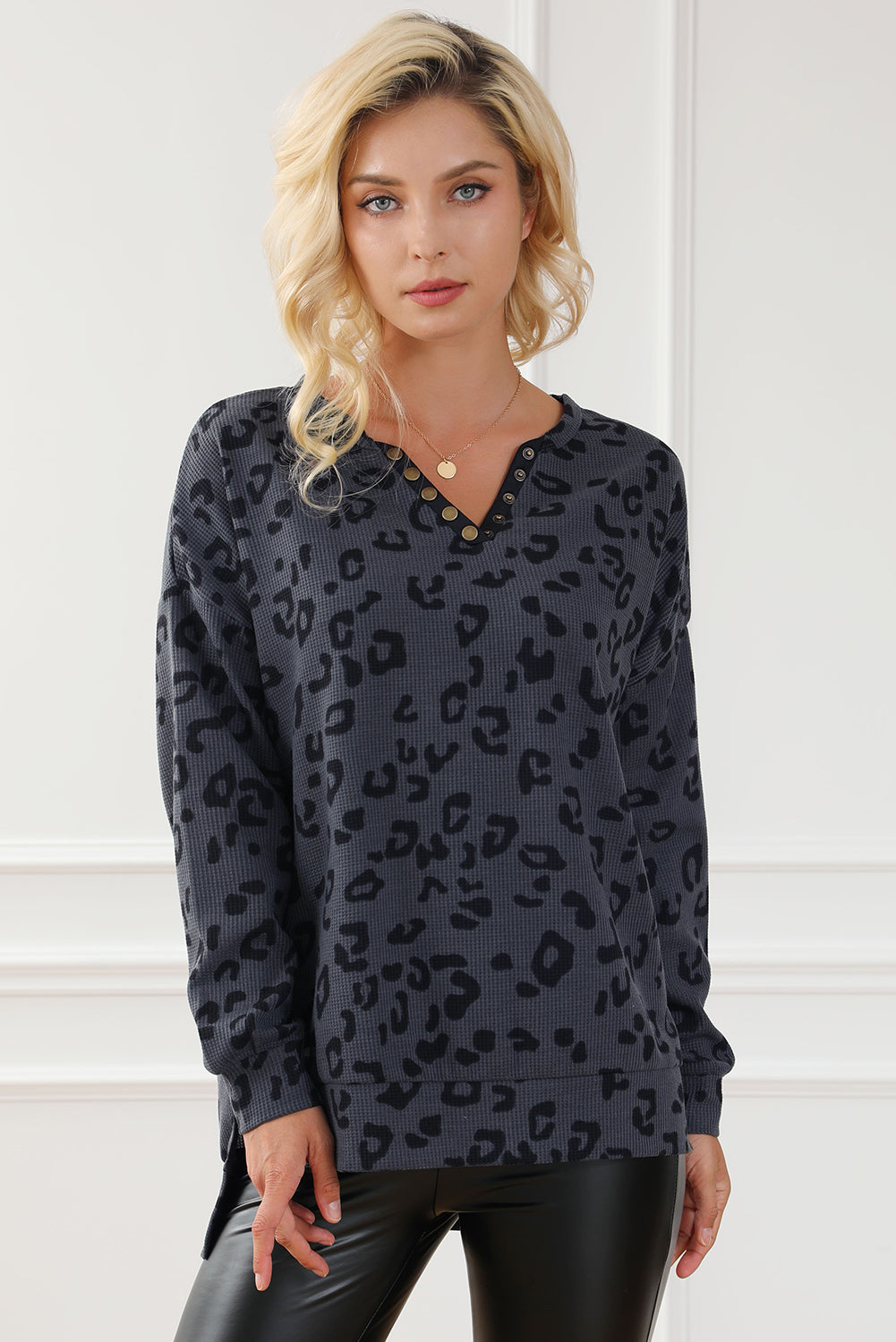 Gray Leopard Print Button Split Neck Waffle Sweatshirt