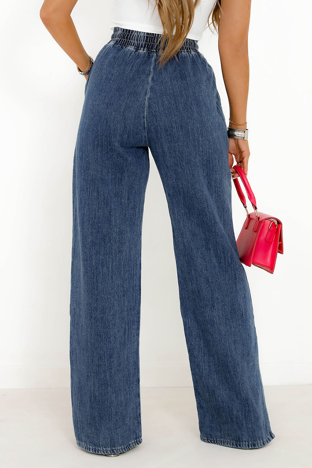 Dark Blue Drawstring Elastic Waist Wide Leg Jeans