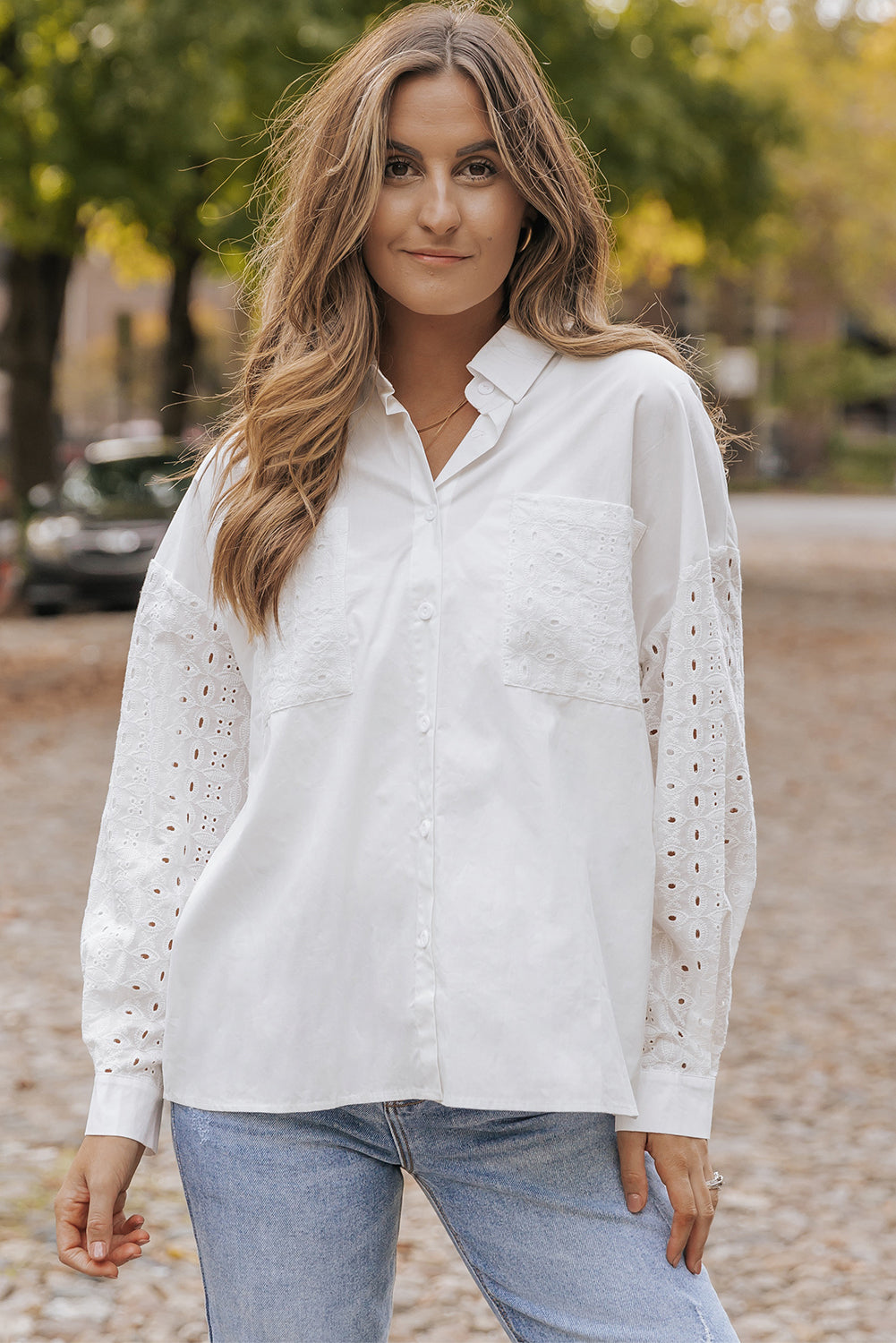 White Lace Patch Chest Pocket Button-Up Shirt