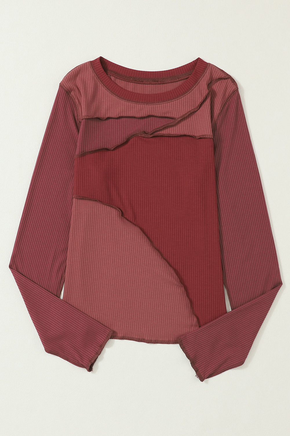 Fiery Red Expose Seam Color Block Ribbed Knit Top