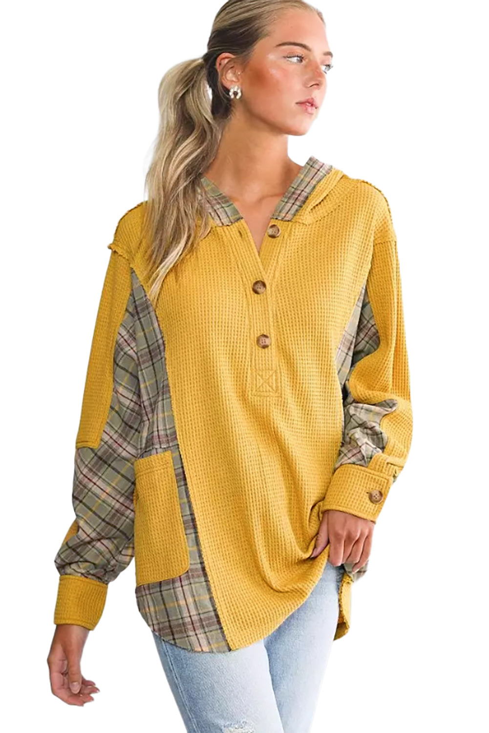 Yellow Waffle Knit Plaid Patchwork Pocketed Henley Hoodie