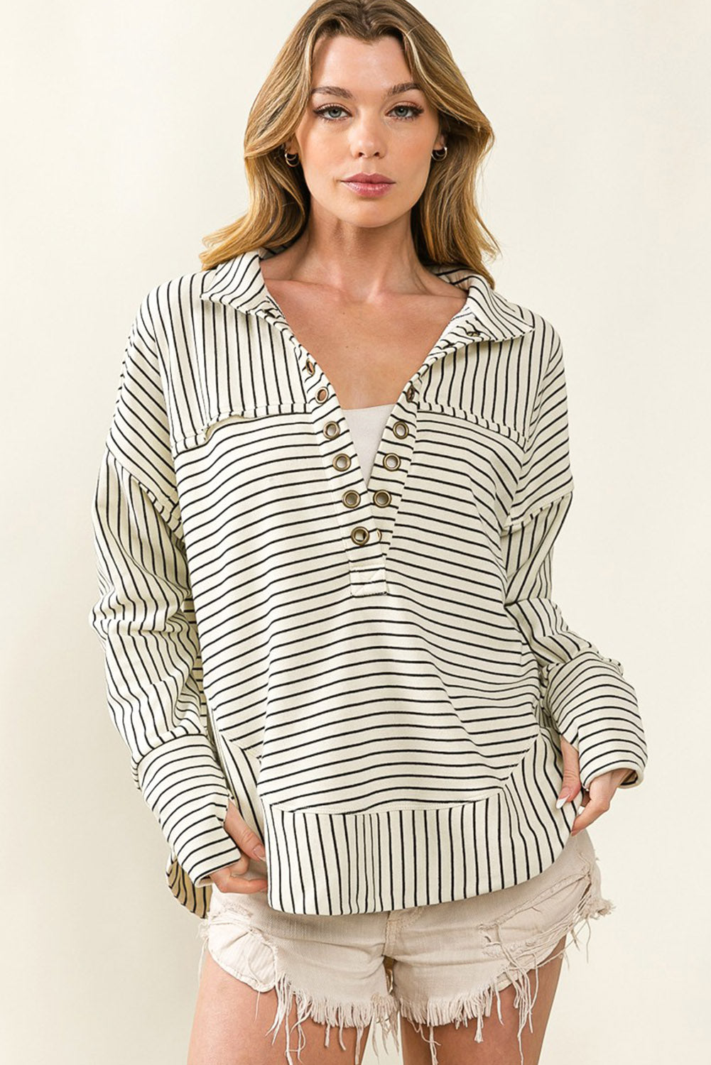 White Striped Thumbhole Drop Shoulder V Neck Top