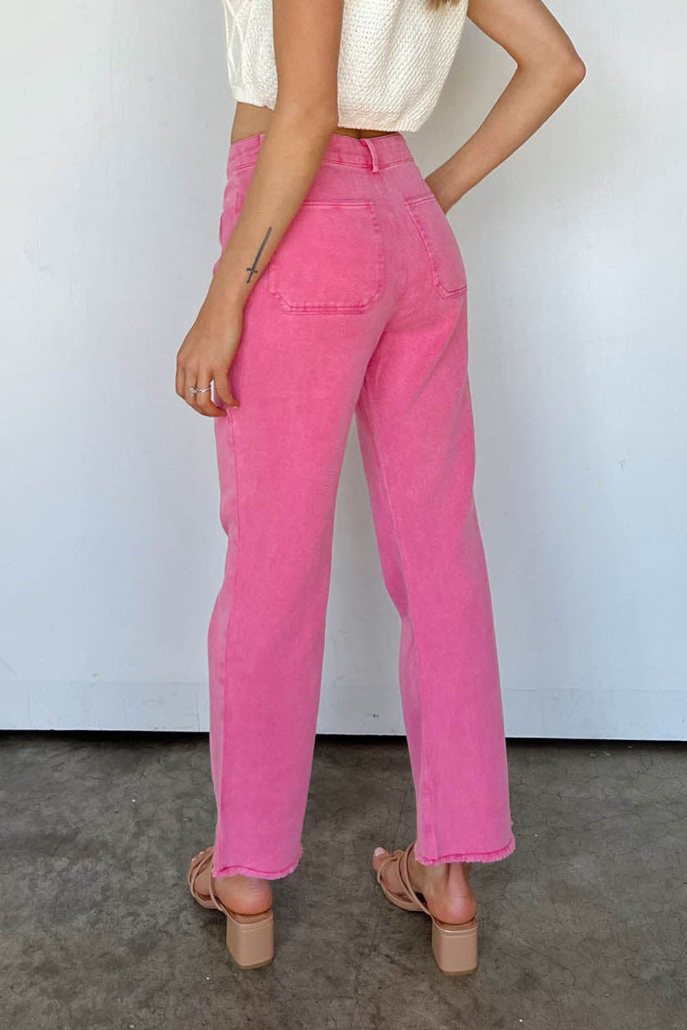 Pink Ankle-length Flare Leg Raw Hem Jeans