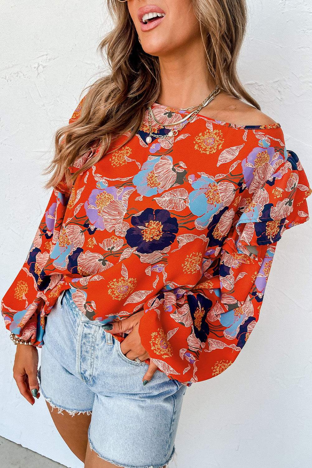 Fiery Red Floral Print Ruffle Puff Sleeve Blouse