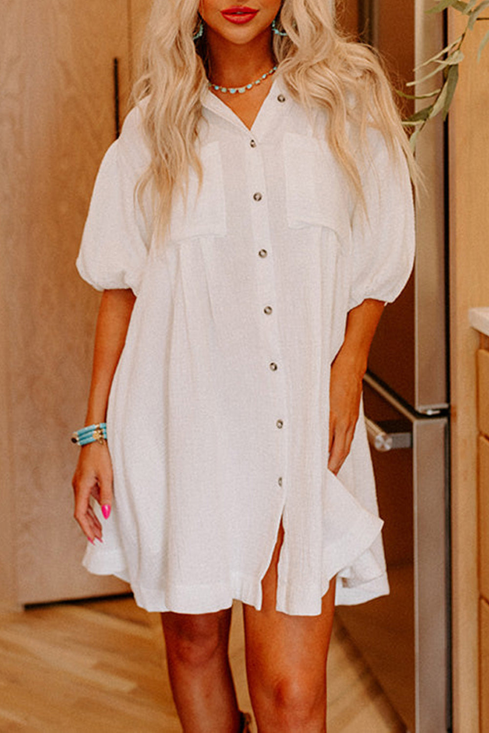 White Half Puff Sleeve Buttoned Shirt Mini Dress