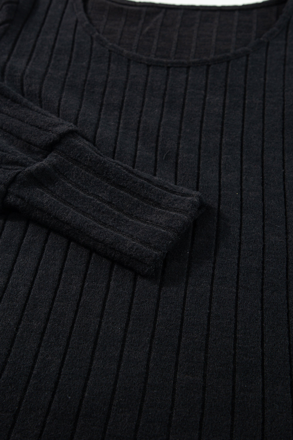 Black Ribbed Bishop Sleeve Round Neck Top