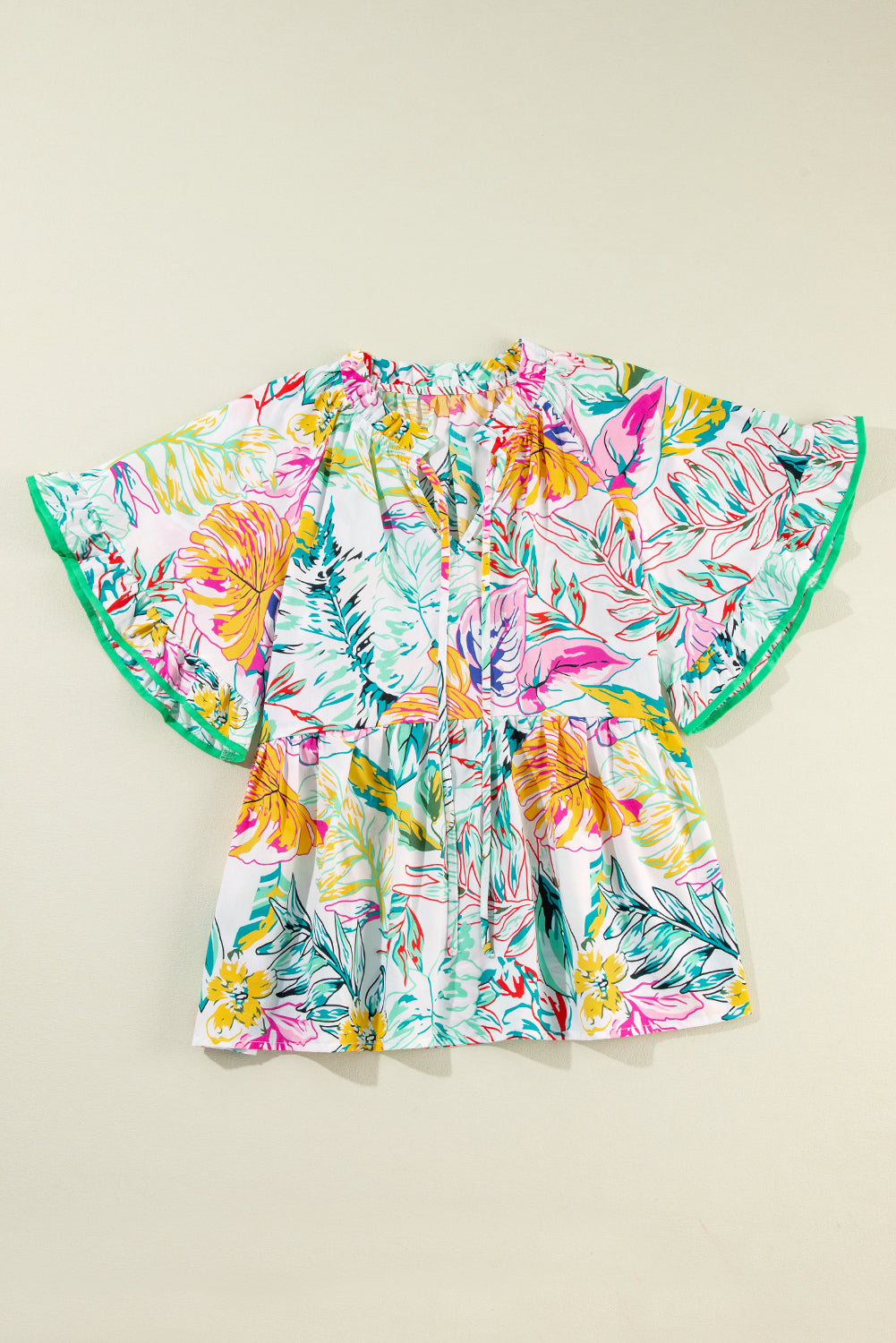 White Tropical Floral Print Ruffled Short Sleeve Blouse