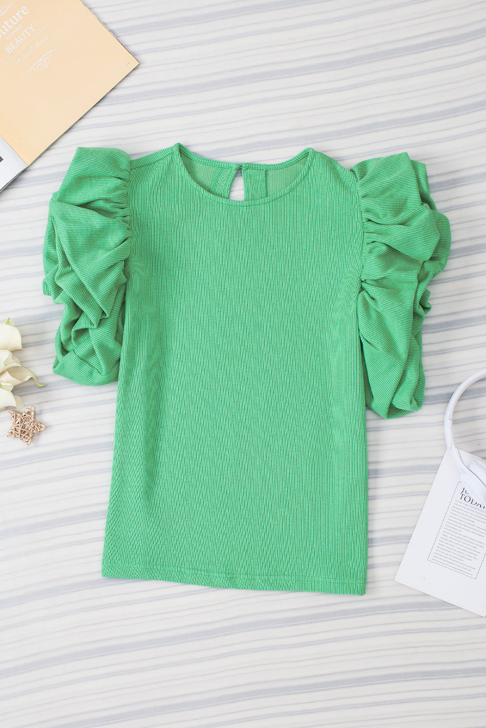 Green Ribbed Knit Puffy Ruffle Sleeve Blouse