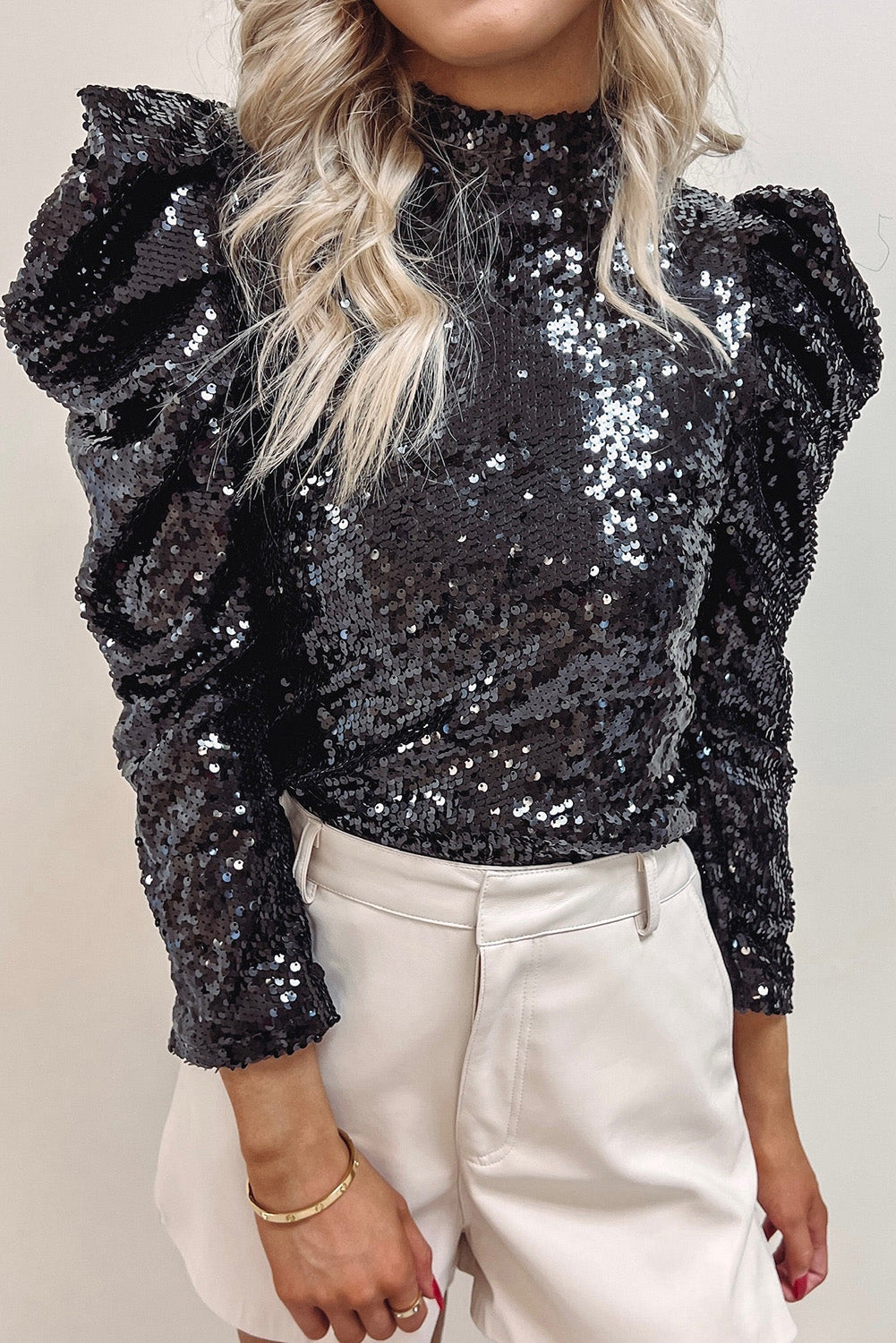 Black Sequin Mock Neck Bubble Sleeve Top