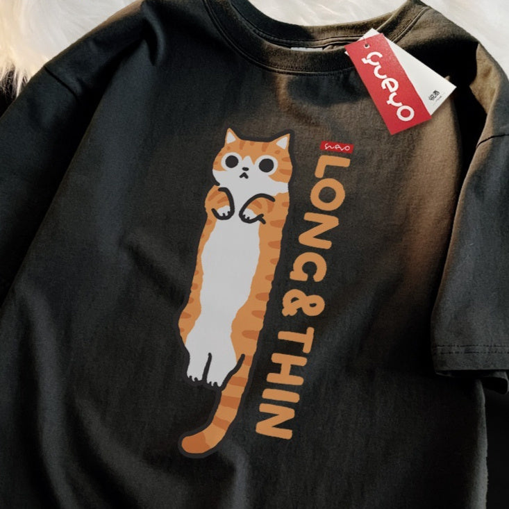 Spring Orange Tabby Cat Siam Drop Shoulder Short Sleeve T-shirt