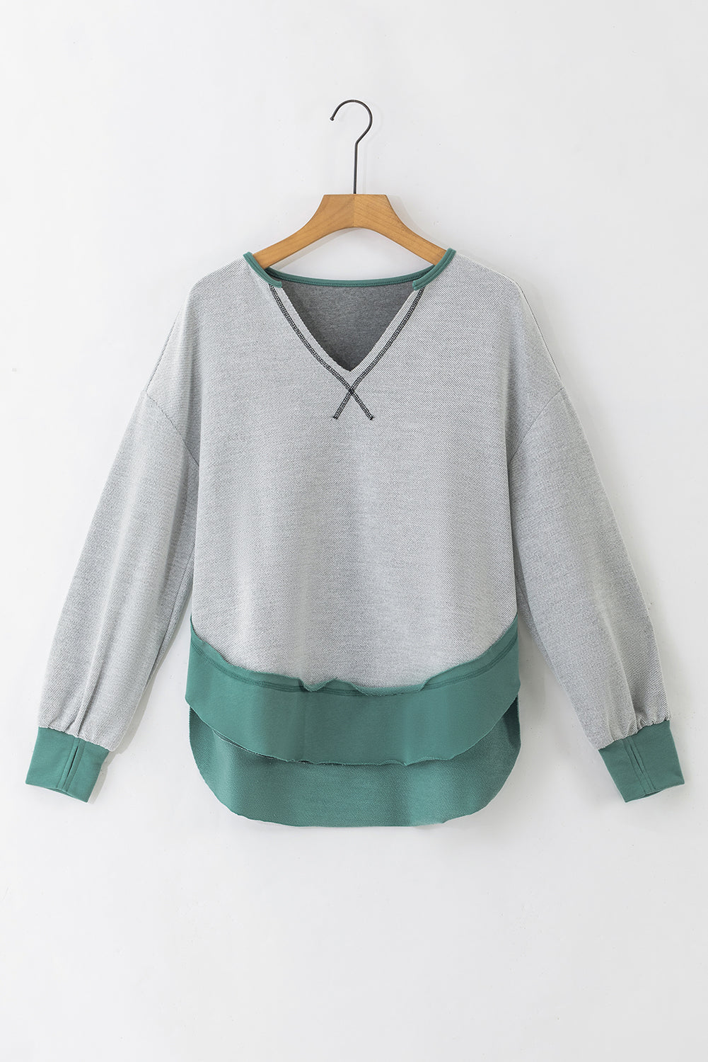 Laurel Green Exposed Seam Contrast Edge Notched Neck Sweatshirt