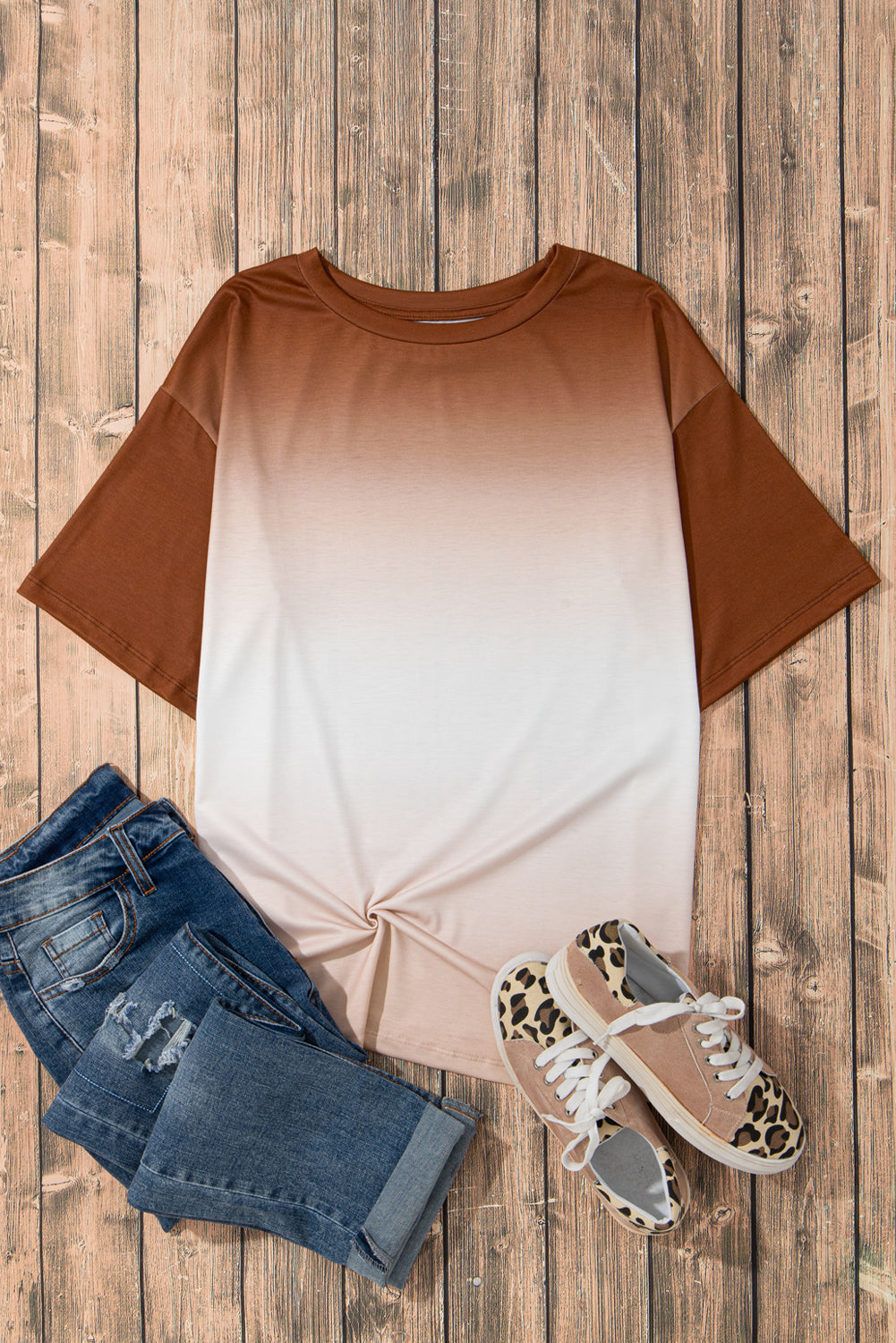 Brown Gradient Color Crew Neck T-shirt