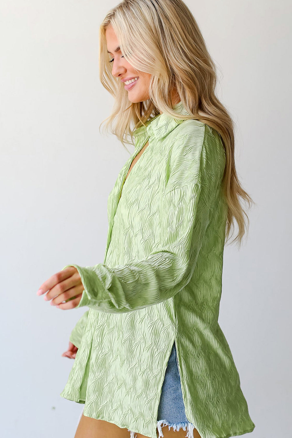 Laurel Green Textured Side Split Casual Shirt