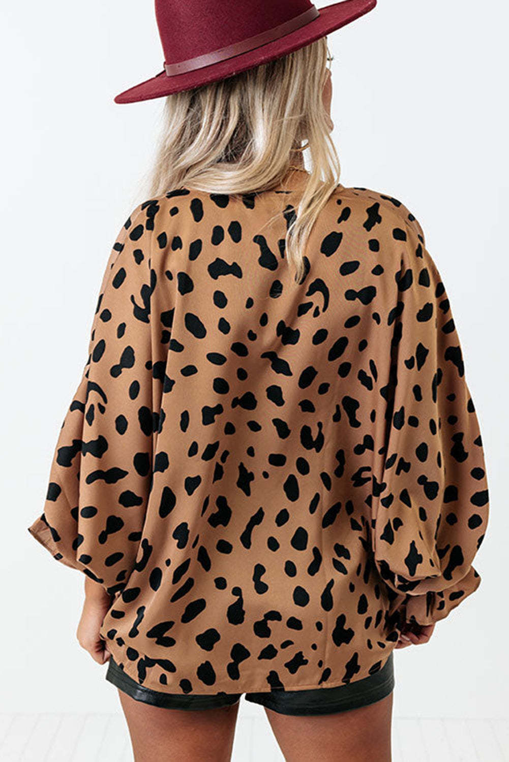 Leopard V Neck Ruffled Cuffs Loose Blouse