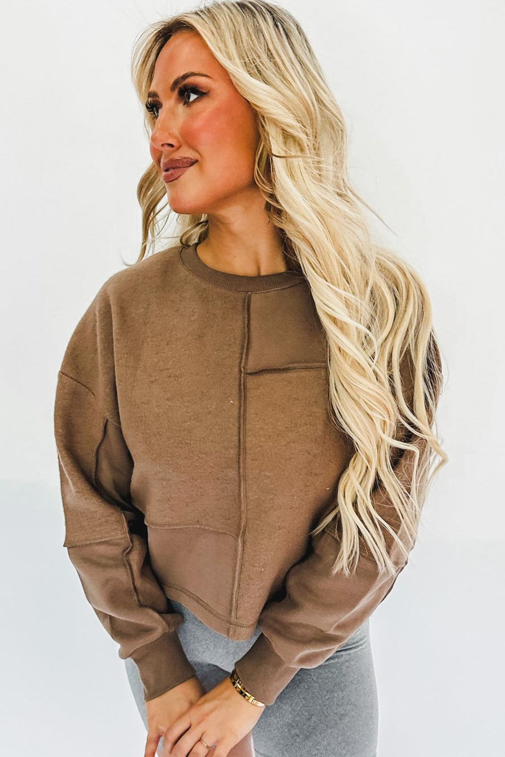 Coffee Solid Exposed Seam Pullover Sweatshirt