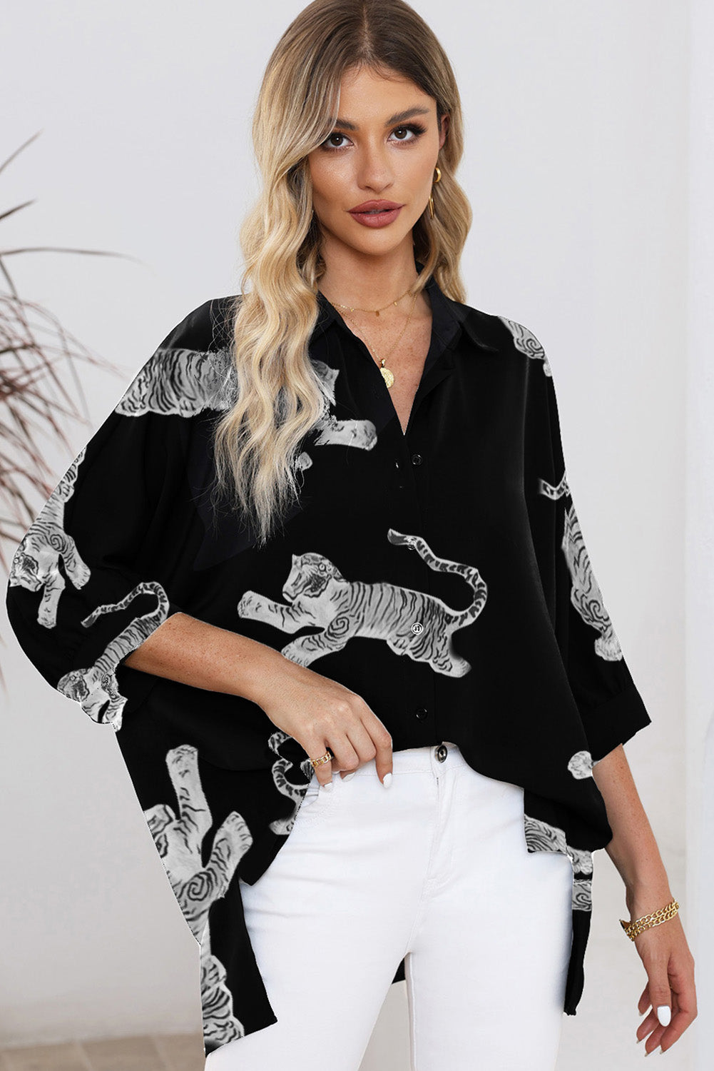 Black Tiger Print 3/4 Sleeve Oversized Shirt