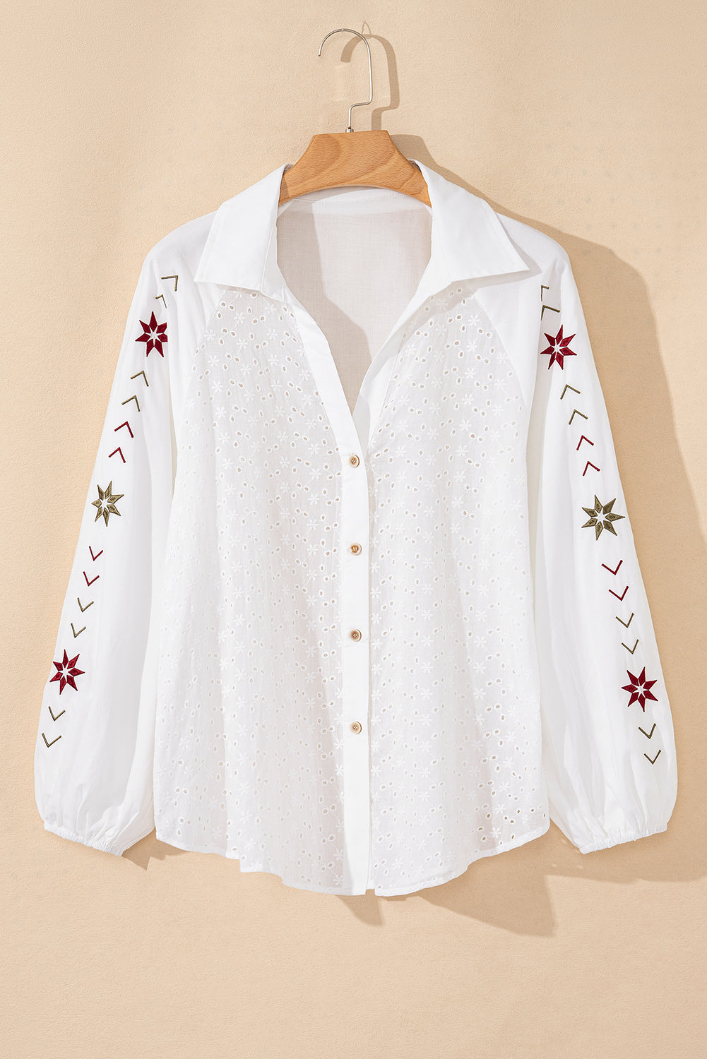 White Floral Embroidered Puff Sleeve Eyelet Patchwork Shirt