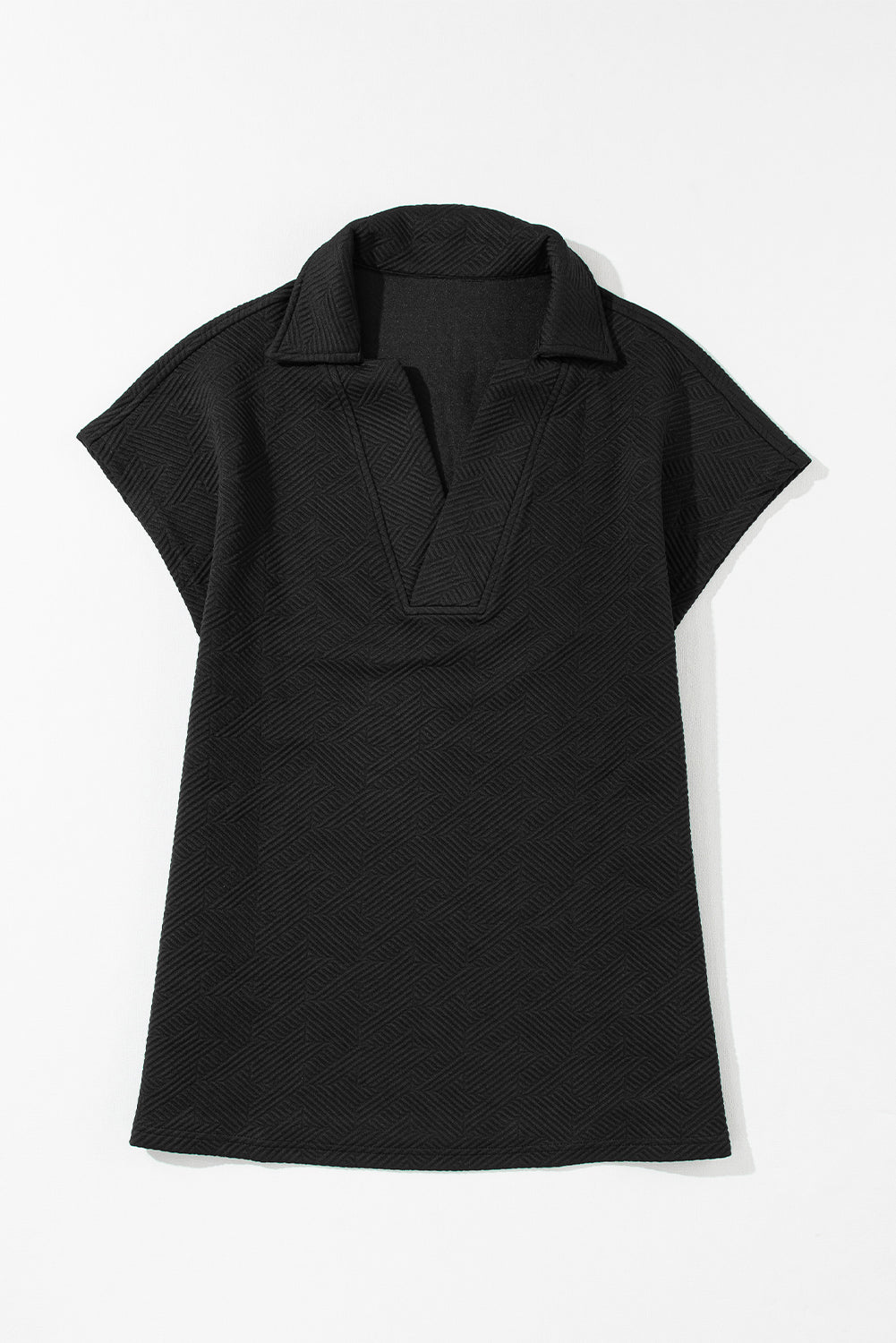 Black Textured V Neck Collared Short Sleeve Top