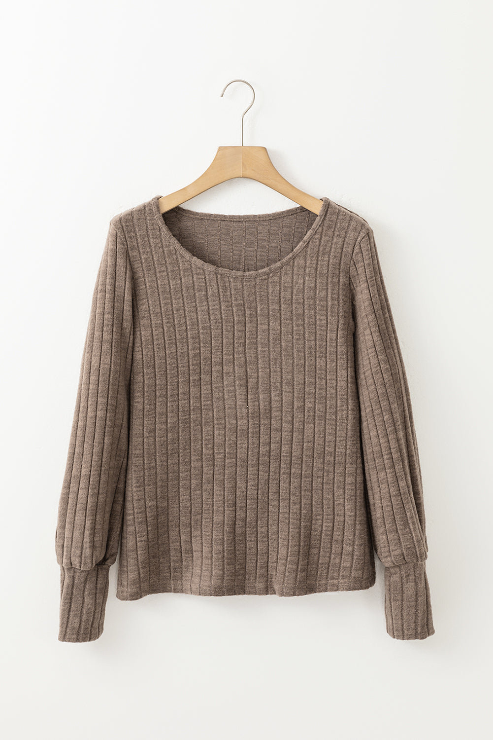 Camel Ribbed Bishop Sleeve Round Neck Top